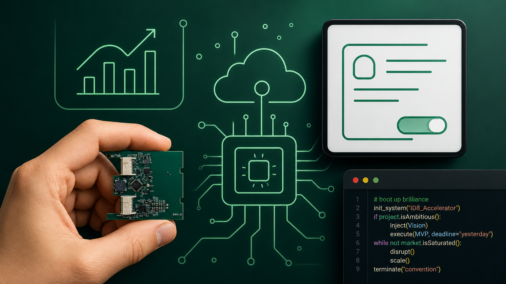 A hand holding embedded hardware beside cloud, chip, interface, and software imagery